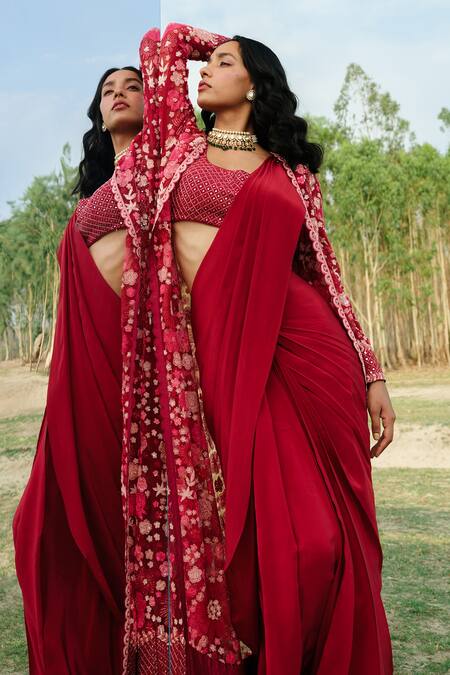 Shop Mishru Pink Blouse Chanderi, Jacket Tulle, Saree Aine Pre-draped And Long Set Online at Aza Fashions Shop_Mishru_Pink Blouse Chanderi, Jacket Tulle, Saree Aine Pre-draped And Long Set_Online_at_Aza_Fashions