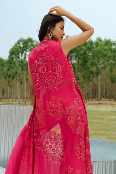 Buy_Mishru_Fuchsia Blouse Chanderi, Jacket Organza, Pant Delilah With Flared Set_Online_at_Aza_Fashions