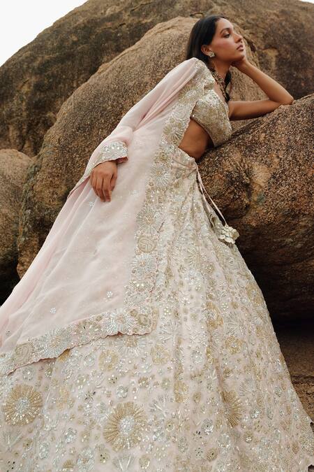 Mishru_Pink Organza And Chanderi French Knots, Leola Embroidered Bridal Lehenga Set_Online_at_Aza_Fashions