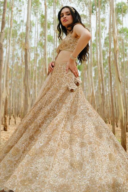 Shop_Mishru_Beige Organza And Chanderi Embroidery Silk Ashi Bridal Lehenga Set _at_Aza_Fashions