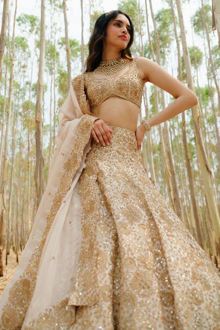Mishru_Beige Organza And Chanderi Embroidery Silk Ashi Bridal Lehenga Set _Online_at_Aza_Fashions