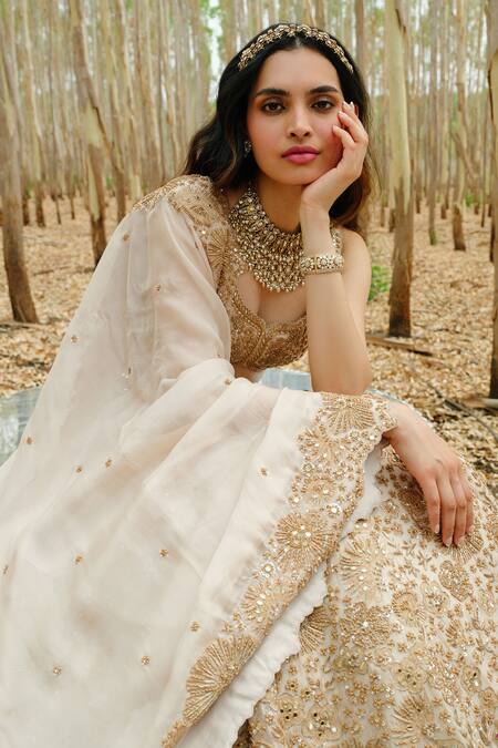 Buy_Mishru_Beige Organza And Chanderi Embroidery Silk Ashi Bridal Lehenga Set _Online_at_Aza_Fashions