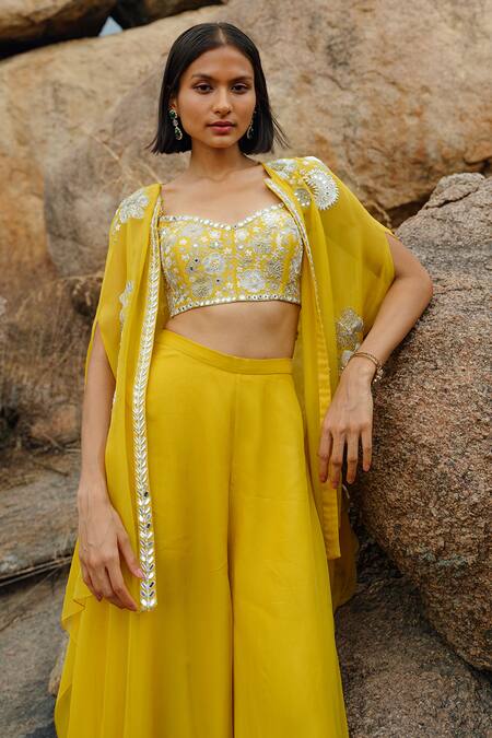 Buy_Mishru_Yellow Blouse Chanderi, Cape And Pant  Organza French Iris With Flared Set_Online_at_Aza_Fashions