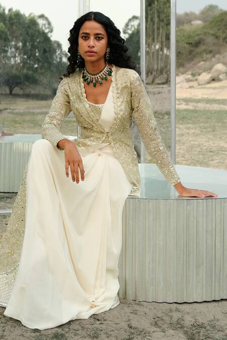 Mishru_Ivory Blouse Chanderi, Jacket Tulle, Saree Crepe Aine Pre-draped Set With_Online_at_Aza_Fashions