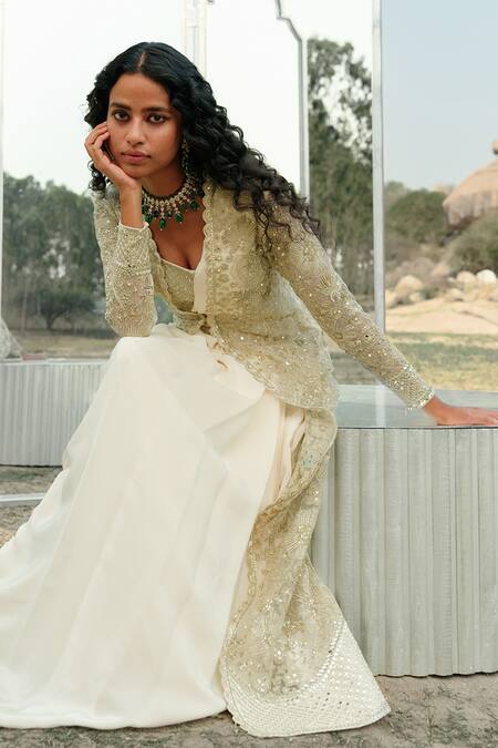Shop_Mishru_Ivory Blouse Chanderi, Jacket Tulle, Saree Crepe Aine Pre-draped Set With_Online_at_Aza_Fashions