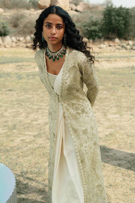 Mishru_Ivory Blouse Chanderi, Jacket Tulle, Saree Crepe Aine Pre-draped Set With_at_Aza_Fashions