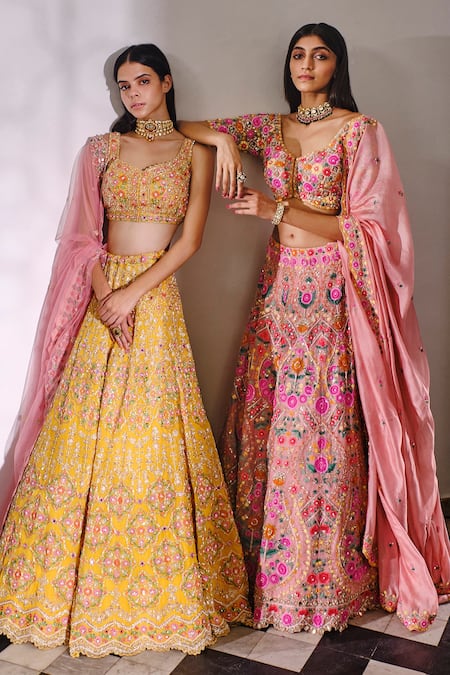 Aneesh Agarwaal_Yellow Organza, Net, Dupatta Tulle Floral Leaf Embroidered Bridal Lehenga Set _Online_at_Aza_Fashions