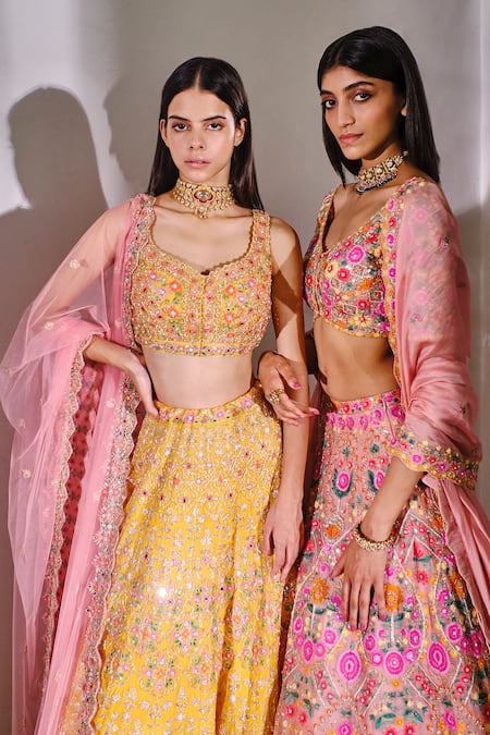 Buy_Aneesh Agarwaal_Yellow Organza, Net, Dupatta Tulle Floral Leaf Embroidered Bridal Lehenga Set _Online_at_Aza_Fashions