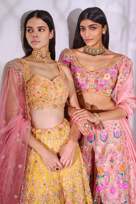 Shop_Aneesh Agarwaal_Yellow Organza, Net, Dupatta Tulle Floral Leaf Embroidered Bridal Lehenga Set _Online_at_Aza_Fashions