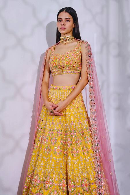 Aneesh Agarwaal_Yellow Organza, Net, Dupatta Tulle Floral Leaf Embroidered Bridal Lehenga Set _at_Aza_Fashions