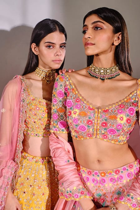 Buy Aneesh Agarwaal Peach Silk Organza Floral V Neck Embroidered Bridal Lehenga Set Online at Aza Fashions Buy_Aneesh Agarwaal_Peach Silk Organza Floral V Neck Embroidered Bridal Lehenga Set _Online_at_Aza_Fashions