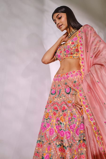 Shop Aneesh Agarwaal Peach Silk Organza Floral V Neck Embroidered Bridal Lehenga Set Online at Aza Fashions Shop_Aneesh Agarwaal_Peach Silk Organza Floral V Neck Embroidered Bridal Lehenga Set _Online_at_Aza_Fashions