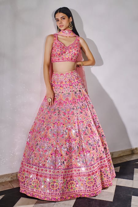 Buy Pink Organza Embroidered Floral V Neck Bridal Lehenga Set For Women ...