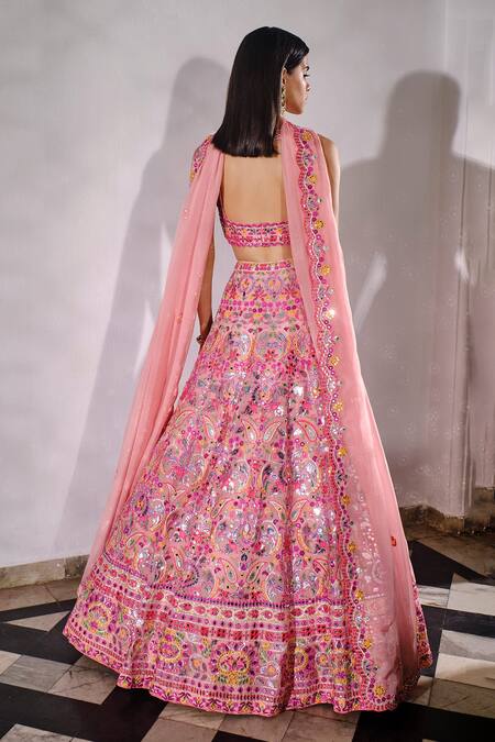 Shop_Aneesh Agarwaal_Pink Organza, Dupatta Net Floral V Neck Embroidered Bridal Lehenga Set _at_Aza_Fashions
