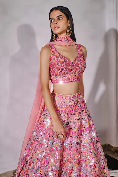 Aneesh Agarwaal_Pink Organza, Dupatta Net Floral V Neck Embroidered Bridal Lehenga Set _Online_at_Aza_Fashions