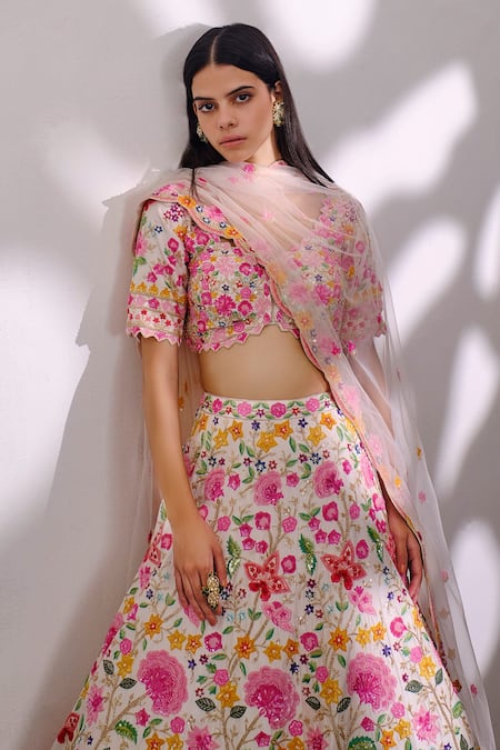 Aneesh Agarwaal_Ivory Dupion Silk Floral Scoop Neck Embroidered Bridal Lehenga Set _Online_at_Aza_Fashions