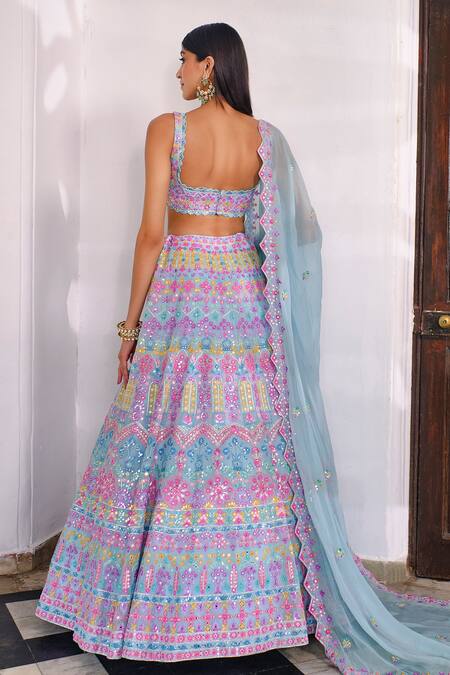 Shop_Aneesh Agarwaal_Blue Organza Floral Square Neck Embroidered Bridal Lehenga Set _at_Aza_Fashions
