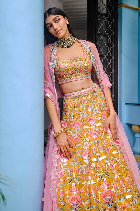 Aneesh Agarwaal_Yellow Organza, Dupatta Tulle Floral Square Neck Embroidered Bridal Lehenga Set _Online_at_Aza_Fashions