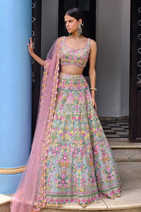 Aneesh Agarwaal_Blue Organza, Dupatta Tulle Floral V Neck Embroidered Bridal Lehenga Set _Online_at_Aza_Fashions