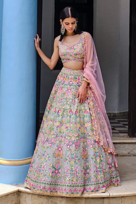 Buy_Aneesh Agarwaal_Blue Organza, Dupatta Tulle Floral V Neck Embroidered Bridal Lehenga Set _Online_at_Aza_Fashions