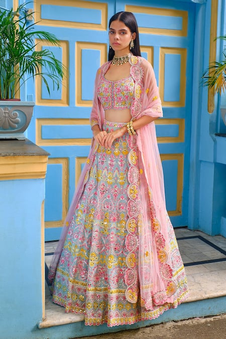 Aneesh Agarwaal_Blue Organza, Dupatta Net Floral Scoop Neck Embroidered Bridal Lehenga Set _Online_at_Aza_Fashions