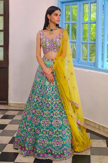 Buy Green Dupion Silk Embroidered Floral V Neck Bridal Lehenga Set