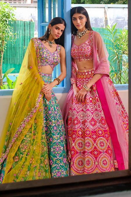 Buy_Aneesh Agarwaal_Fuchsia Dupion Silk Floral Scoop Neck Embroidered Bridal Lehenga Set _Online_at_Aza_Fashions