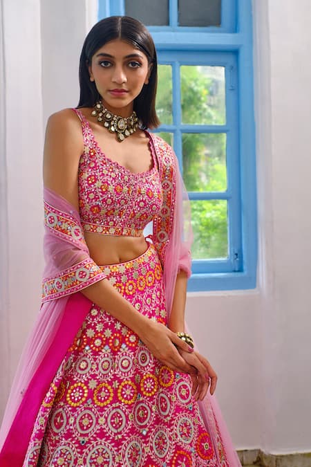 Aneesh Agarwaal_Fuchsia Dupion Silk Floral Scoop Neck Embroidered Bridal Lehenga Set _at_Aza_Fashions