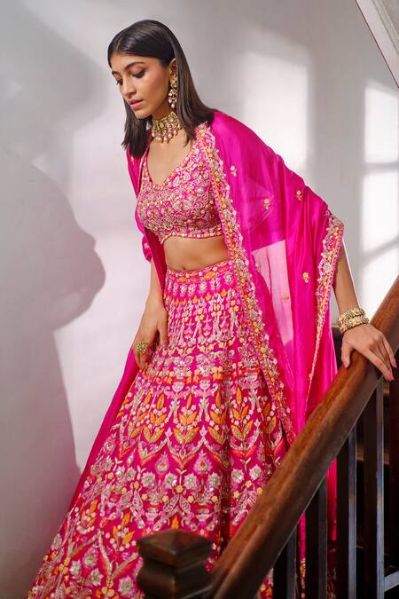 Aneesh Agarwaal_Pink Silk, Organza Floral V Neck Embroidered Bridal Lehenga Set _Online_at_Aza_Fashions