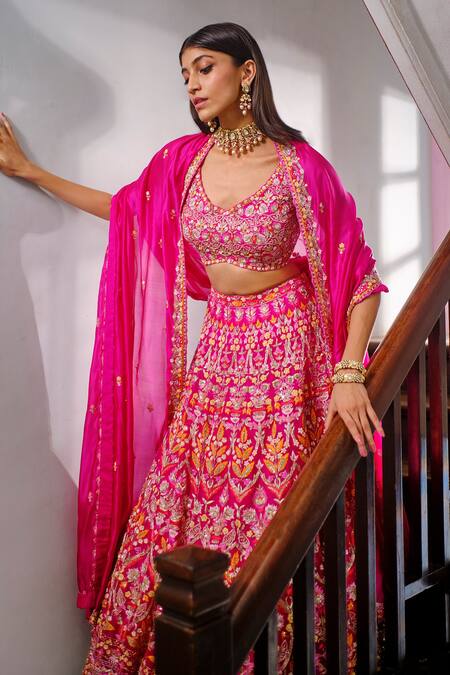 Buy_Aneesh Agarwaal_Pink Silk, Organza Floral V Neck Embroidered Bridal Lehenga Set _Online_at_Aza_Fashions