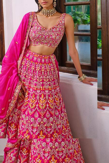 Shop_Aneesh Agarwaal_Pink Silk, Organza Floral V Neck Embroidered Bridal Lehenga Set _Online_at_Aza_Fashions