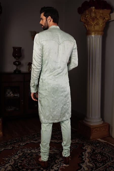 Shop Yajy By Aditya Jain Blue Churidar Stretch Cotton, Kurta Silk Thread Tej Set at Aza Fashions Shop_Yajy By Aditya Jain_Blue Churidar Stretch Cotton, Kurta Silk Thread Tej Set _at_Aza_Fashions