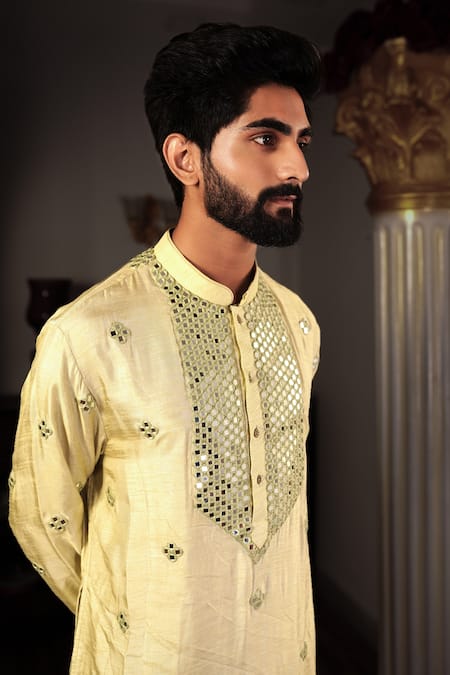 Shop Yajy By Aditya Jain Green Churidar Stretch Cotton, Kurta Silk Mirror Bal Set Online at Aza Fashions Shop_Yajy By Aditya Jain_Green Churidar Stretch Cotton, Kurta Silk Mirror Bal Set _Online_at_Aza_Fashions