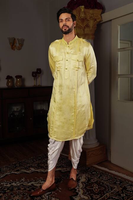 Yajy By Aditya Jain_Yellow Dhoti Pants Satin , Kurta Mirror Dhaya And Set _Online_at_Aza_Fashions