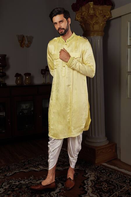 Buy_Yajy By Aditya Jain_Yellow Dhoti Pants Satin , Kurta Mirror Dhaya And Set _Online_at_Aza_Fashions