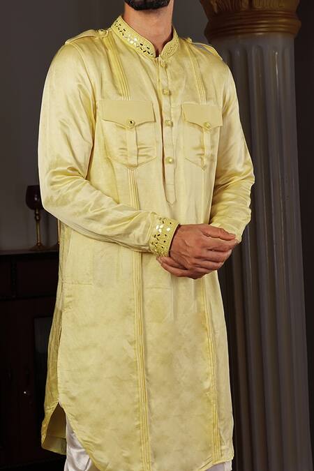 Shop_Yajy By Aditya Jain_Yellow Dhoti Pants Satin , Kurta Mirror Dhaya And Set _Online_at_Aza_Fashions