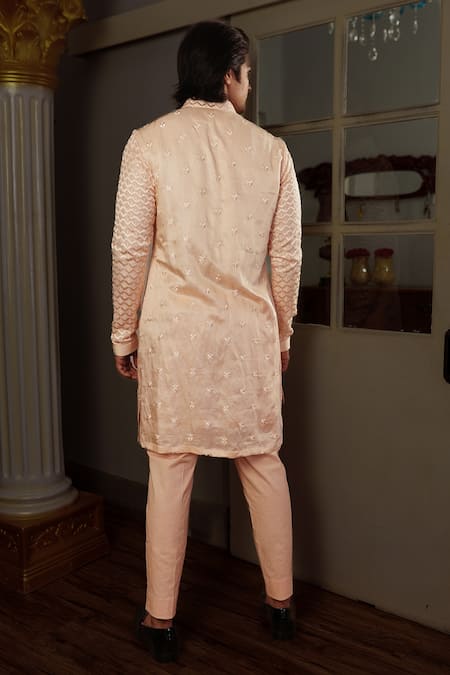 Shop Yajy By Aditya Jain Peach Kurta Silk, Pant Stretch Cotton Thread Seri And Set at Aza Fashions Shop_Yajy By Aditya Jain_Peach Kurta Silk, Pant Stretch Cotton Thread Seri And Set _at_Aza_Fashions
