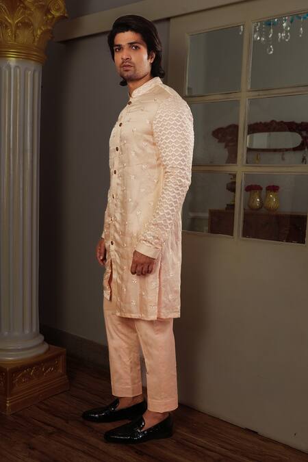Yajy By Aditya Jain Peach Kurta Silk, Pant Stretch Cotton Thread Seri And Set Online at Aza Fashions Yajy By Aditya Jain_Peach Kurta Silk, Pant Stretch Cotton Thread Seri And Set _Online_at_Aza_Fashions
