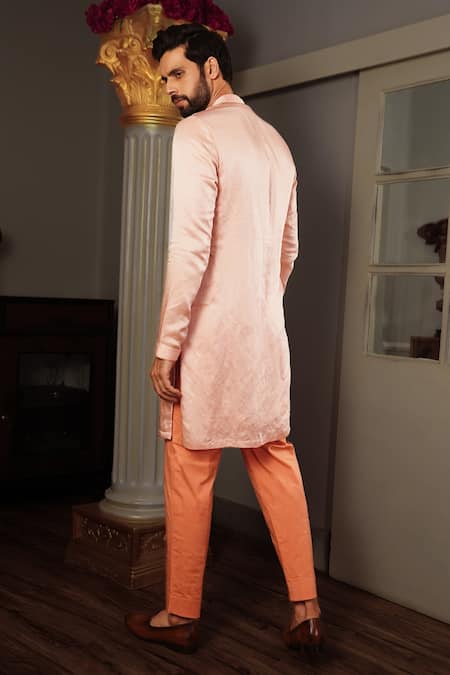 Shop Yajy By Aditya Jain Peach Kurta Silk, Pant Stretch Cotton Osha And Set at Aza Fashions Shop_Yajy By Aditya Jain_Peach Kurta Silk, Pant Stretch Cotton Osha And Set _at_Aza_Fashions