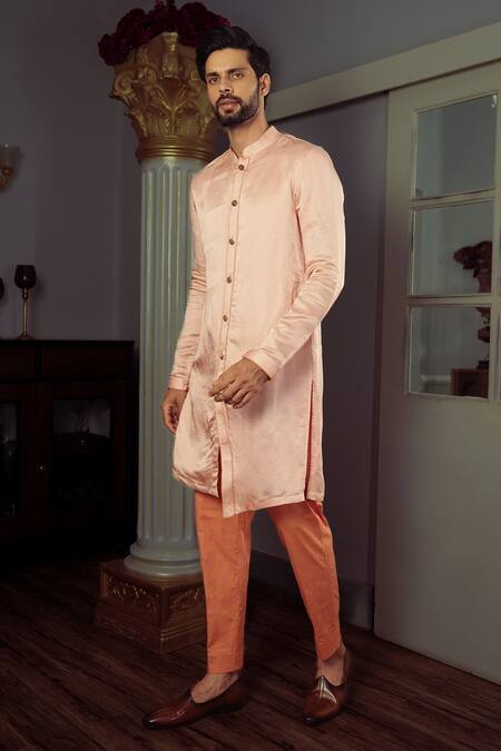 Yajy By Aditya Jain Peach Kurta Silk, Pant Stretch Cotton Osha And Set Online at Aza Fashions Yajy By Aditya Jain_Peach Kurta Silk, Pant Stretch Cotton Osha And Set _Online_at_Aza_Fashions