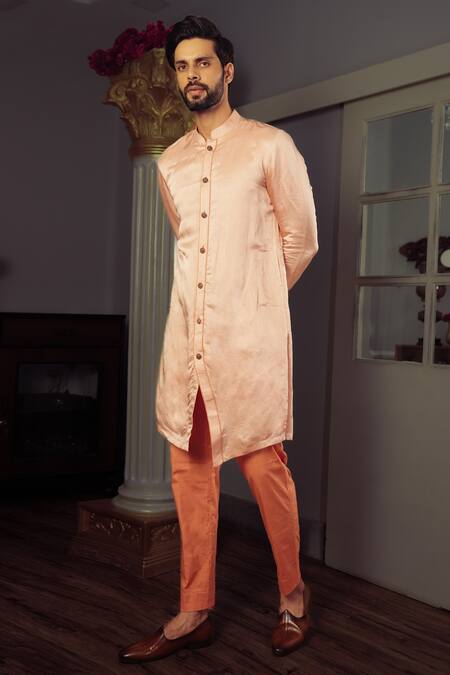 Buy Yajy By Aditya Jain Peach Kurta Silk, Pant Stretch Cotton Osha And Set Online at Aza Fashions Buy_Yajy By Aditya Jain_Peach Kurta Silk, Pant Stretch Cotton Osha And Set _Online_at_Aza_Fashions