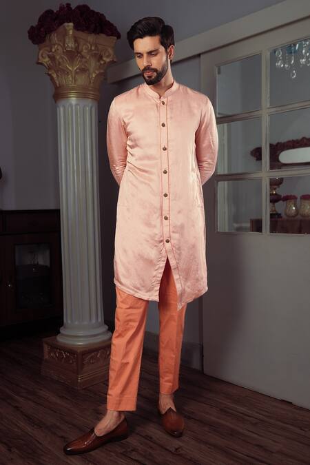 Shop Yajy By Aditya Jain Peach Kurta Silk, Pant Stretch Cotton Osha And Set Online at Aza Fashions Shop_Yajy By Aditya Jain_Peach Kurta Silk, Pant Stretch Cotton Osha And Set _Online_at_Aza_Fashions