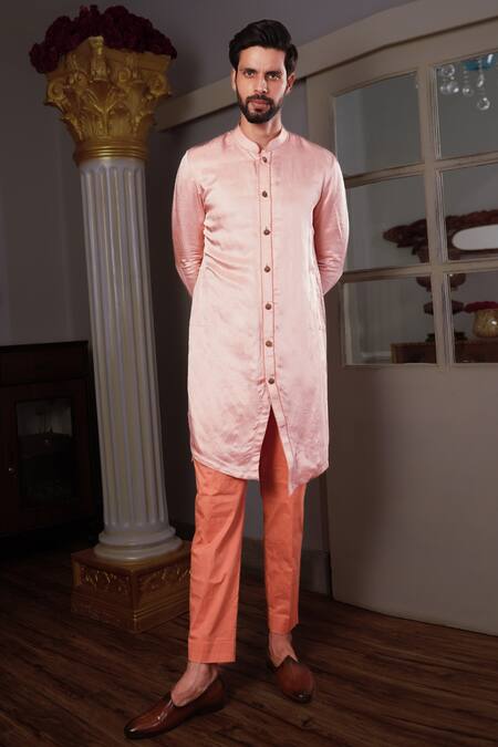 Yajy By Aditya Jain Peach Kurta Silk, Pant Stretch Cotton Osha And Set at Aza Fashions Yajy By Aditya Jain_Peach Kurta Silk, Pant Stretch Cotton Osha And Set _at_Aza_Fashions