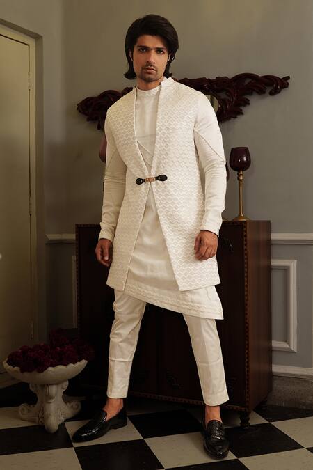 Buy Yajy By Aditya Jain White Kurta And Bundi Silk, Pants Stretch Cotton Thread Dhwaja & Set Online at Aza Fashions Buy_Yajy By Aditya Jain_White Kurta And Bundi Silk, Pants Stretch Cotton Thread Dhwaja & Set _Online_at_Aza_Fashions