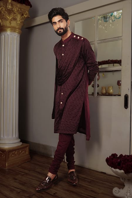 Yajy By Aditya Jain_Purple Churidar Stretched Cotton, Kurta Silk Floral Trish Textured Set_Online_at_Aza_Fashions