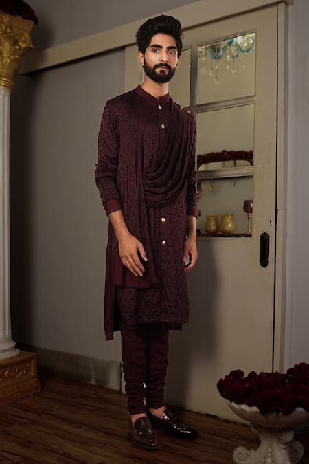 Buy_Yajy By Aditya Jain_Purple Churidar Stretched Cotton, Kurta Silk Floral Trish Textured Set_Online_at_Aza_Fashions