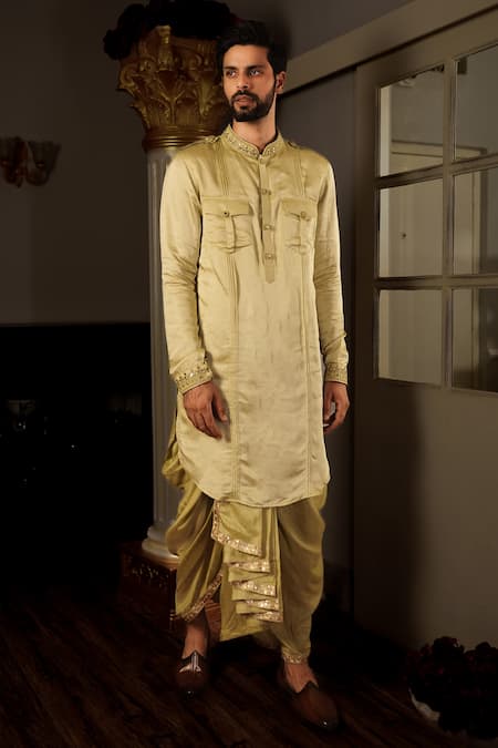 Yajy By Aditya Jain_Green Silk Mirror Keyshi Kurta And Dhoti Pant Set _Online_at_Aza_Fashions