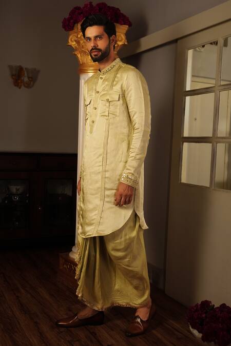 Buy_Yajy By Aditya Jain_Green Silk Mirror Keyshi Kurta And Dhoti Pant Set _Online_at_Aza_Fashions