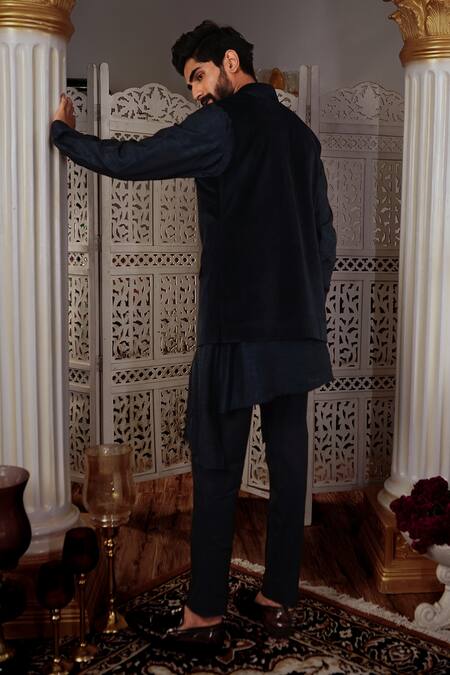 Shop Yajy By Aditya Jain Blue Kurta And Bundi Silk, Pants Stretch Cotton Keyi & Set at Aza Fashions Shop_Yajy By Aditya Jain_Blue Kurta And Bundi Silk, Pants Stretch Cotton Keyi & Set _at_Aza_Fashions