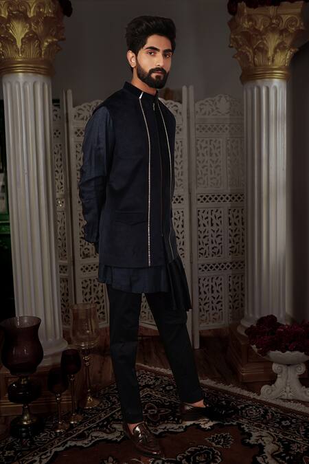 Shop Yajy By Aditya Jain Blue Kurta And Bundi Silk, Pants Stretch Cotton Keyi & Set Online at Aza Fashions Shop_Yajy By Aditya Jain_Blue Kurta And Bundi Silk, Pants Stretch Cotton Keyi & Set _Online_at_Aza_Fashions